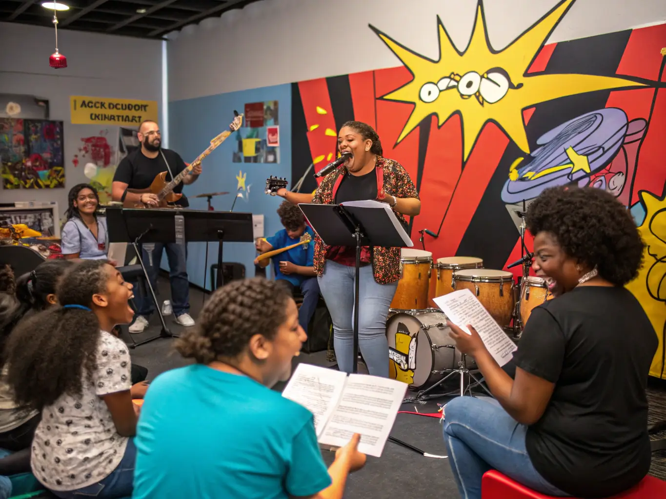 A dynamic image showcasing a community music workshop, with diverse participants of all ages playing instruments and engaging with Isa Pech.