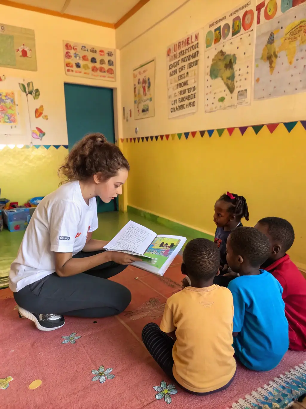 A heartwarming photograph of FAN CLUB ISA PECH volunteers visiting a local school, conducting a music education session for children, with Isa Pech possibly present, inspiring young minds.