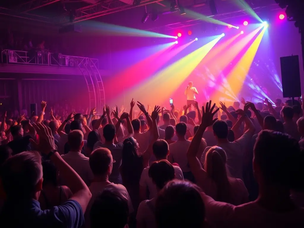 A captivating photo of fans attending an exclusive concert event featuring Isa Pech, with enthusiastic applause and vibrant stage lighting.